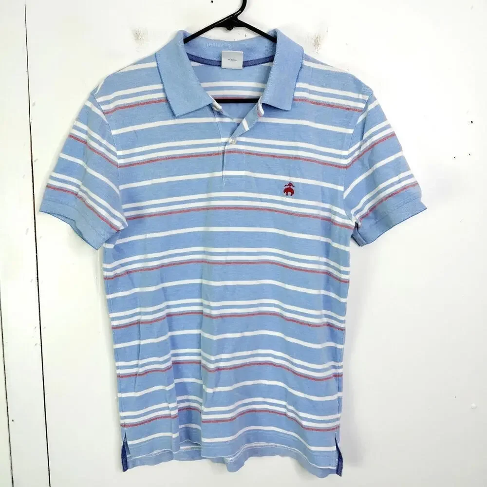 Brooks Brothers Shirt Mens M Cotton Polo Collar Short Sleeve Striped Blue Slim